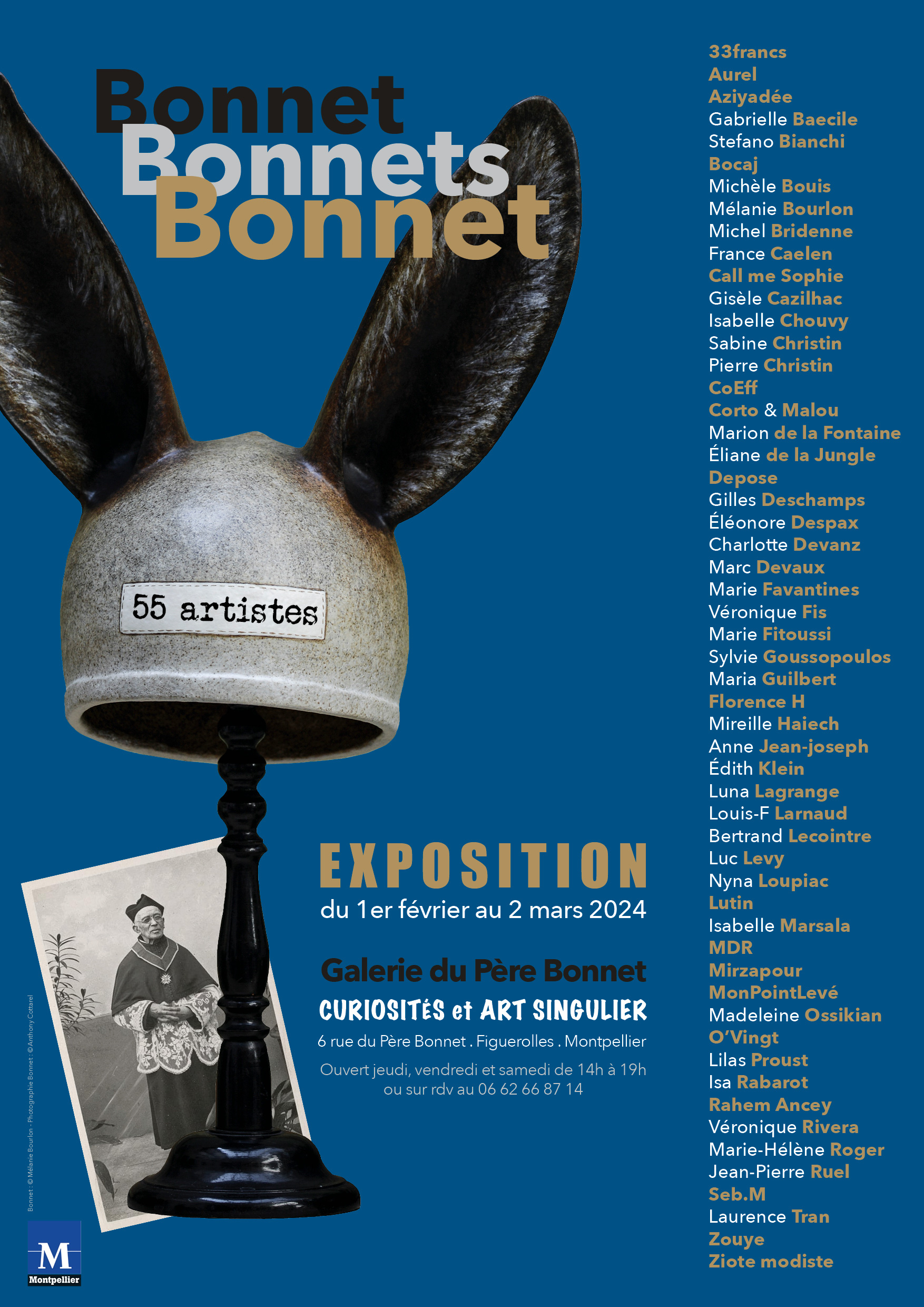 affiche de l'exposition Bonnet, Bonnets, Bonnet, à la Galerie du père Bonnet